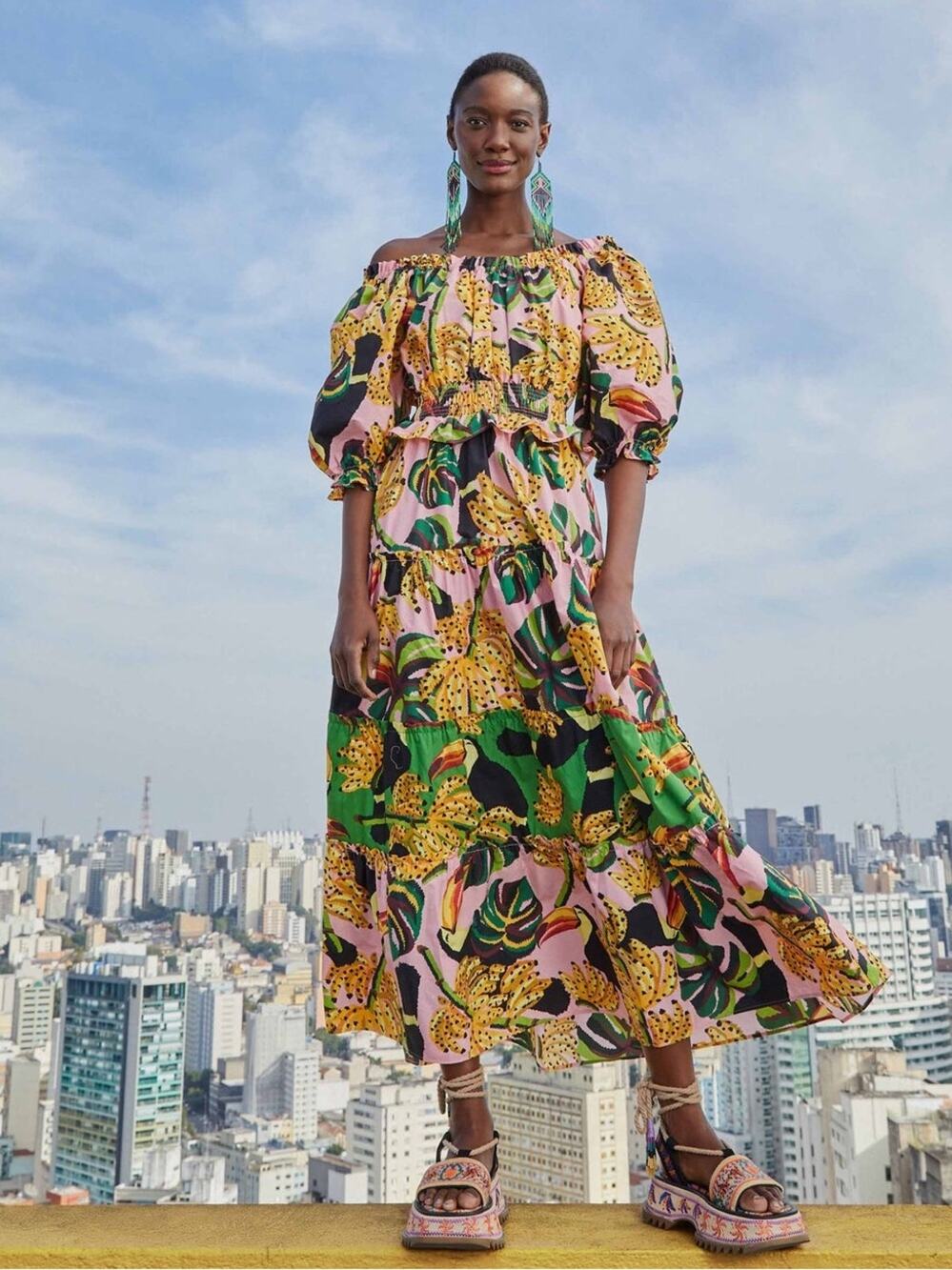 Farm Rio Pink Toucans Tiered Maxi Dress